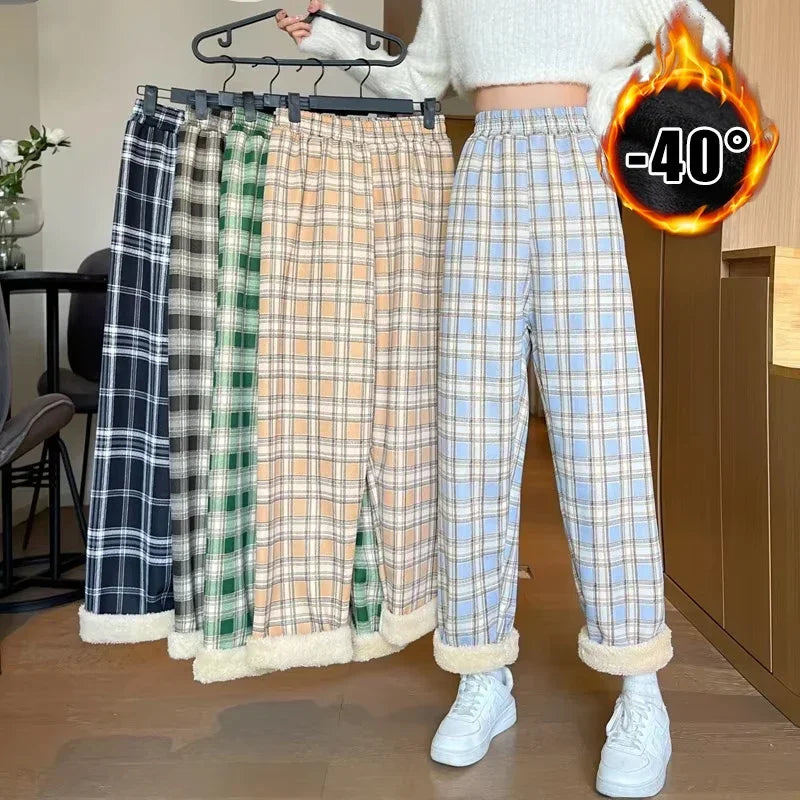 Women's Shearling Lined Plaid Flared Trousers High Waist Fleece Lined Trousers Babs