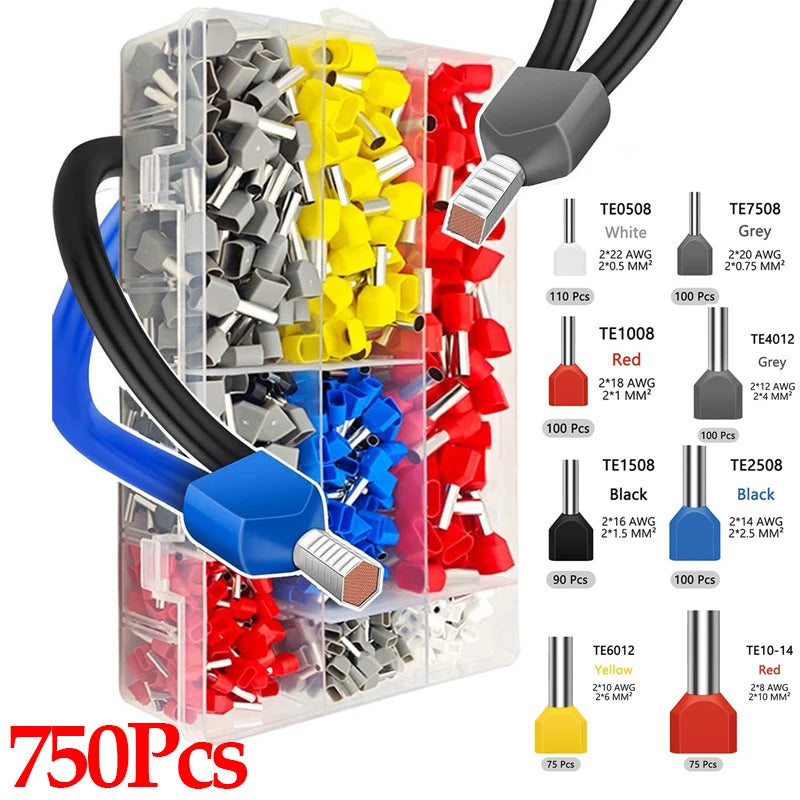 Double Wire End Ferrules Terminal – 100/750 Pcs Twin Pin Crimp Wire Ferrule Terminal Babs 750Pcs