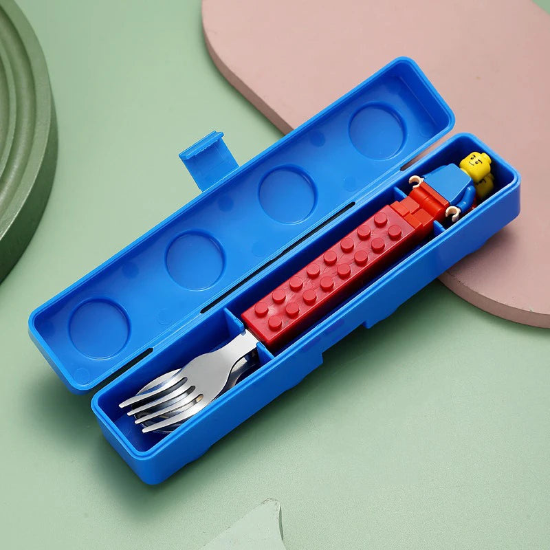 Kids' Stainless Steel Fork & Spoon Set – Building Block Design Kids Cutlery Set Babs