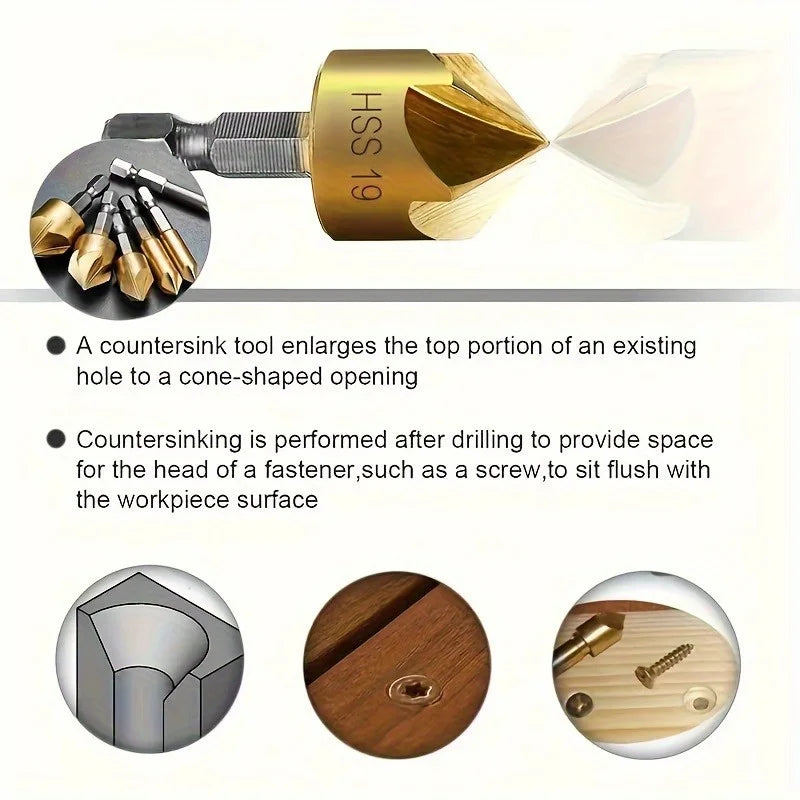 6PC Titanium HSS 5-Blade Countersink Drill Bit Set – Hex Shank Countersink Drill Bit Set Babs