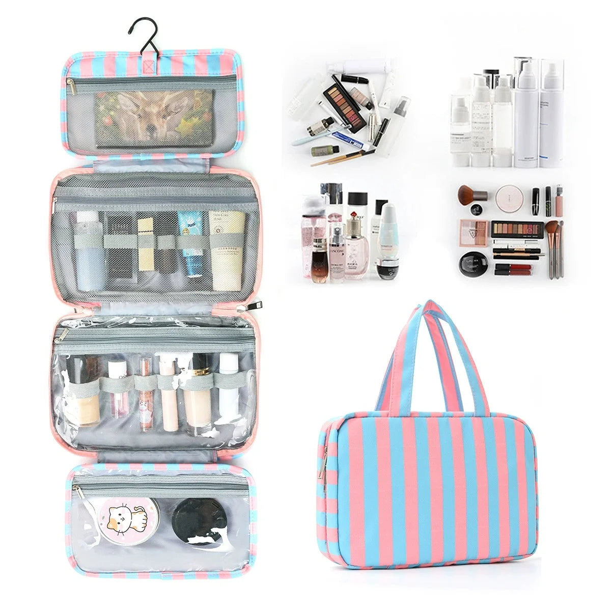 Striped Unisex Travel Toiletry Bag – Large Capacity with Hook Travel Toiletry Bag Babs