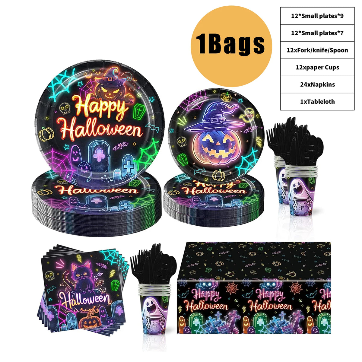 Fluorescent Halloween Party Tableware Set – Plates, Napkins & Tablecloth Disposable Party Tableware Babs Bag 3Bags