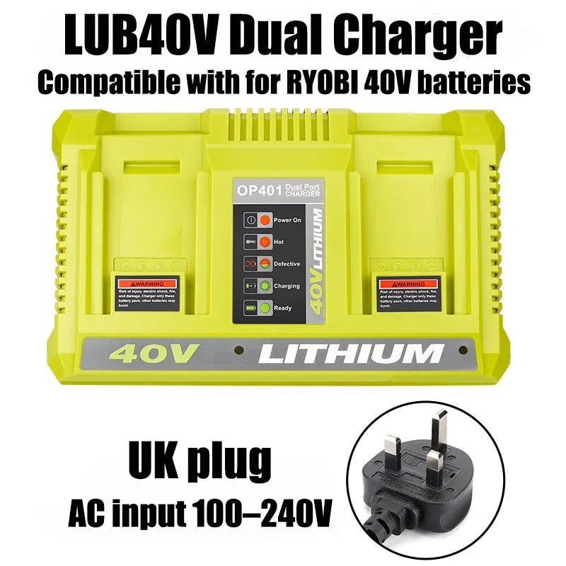 Dual-Port 40V Li-Ion Battery Charger for Ryobi OP401 | US/EU/UK/AU Battery Charger Dock Babs UK plug