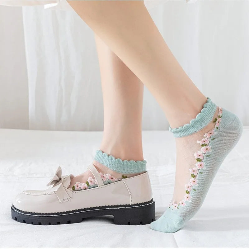 10-Pack Sheer Floral Ankle Socks – Ruffle Mesh for Women Ankle Socks Babs
