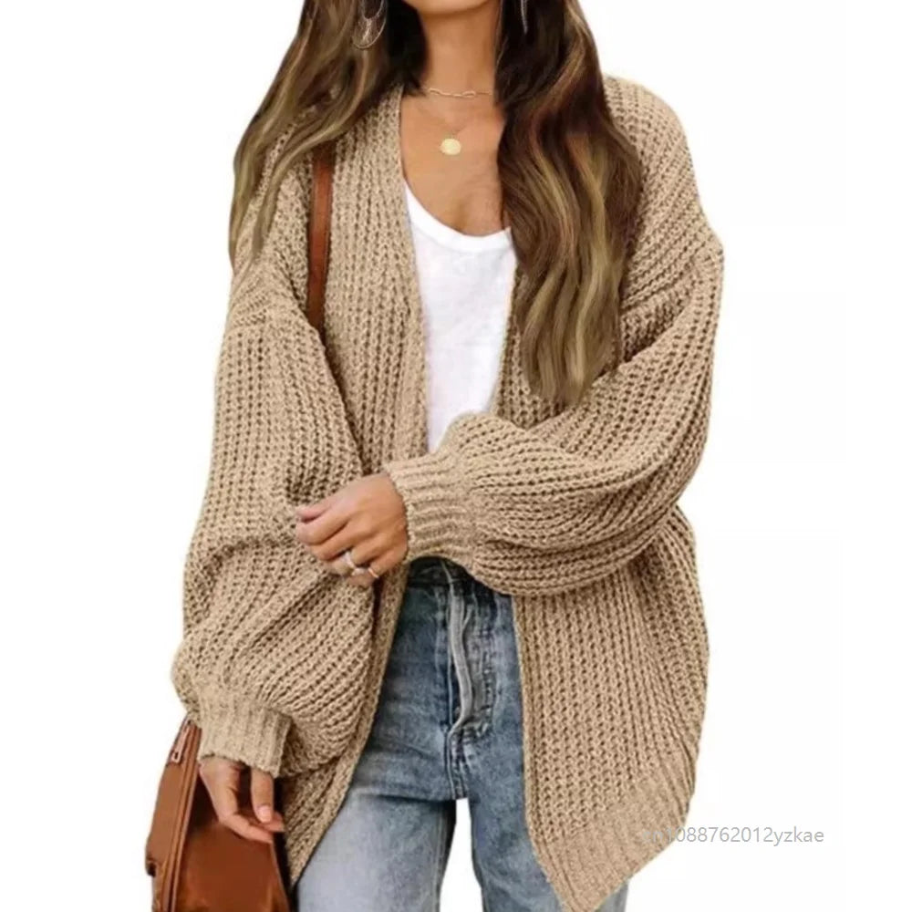 Women's Lantern Sleeve Thick-Knit Cardigan – Loose V-Neck Coat Knit Cardigan Sweater Babs