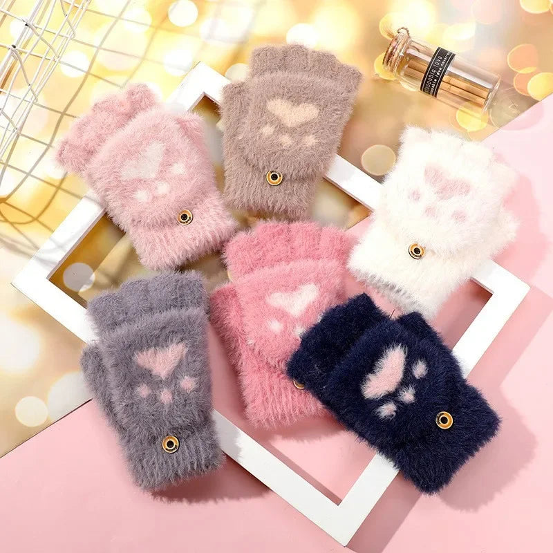 Cat Paw Convertible Flip-Top Mittens – Plush Lined Winter Gloves Convertible Mittens Babs