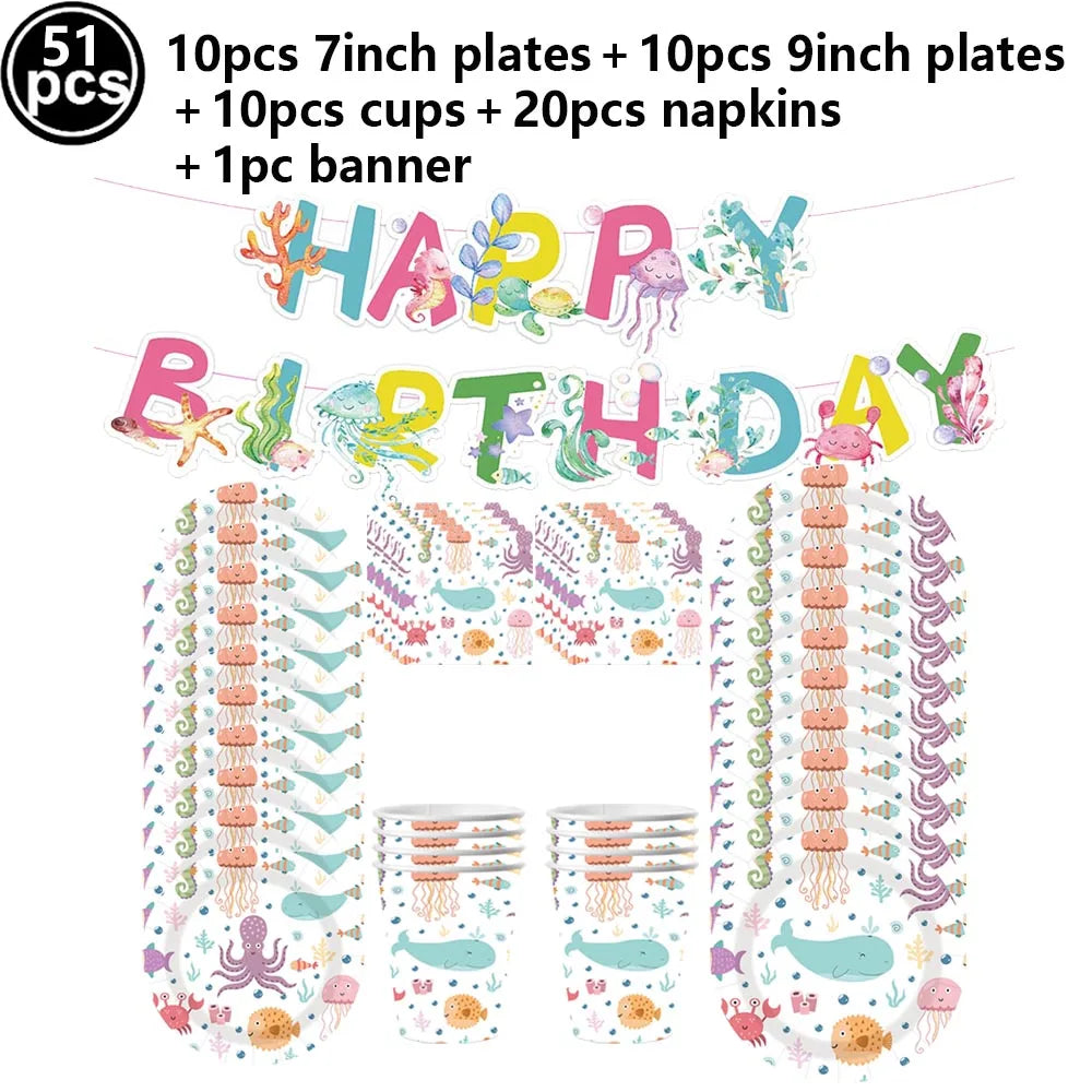 Ocean Animals Birthday Party Supplies Kit – Plates, Cups & More Party Supplies Kit Babs Chocolate as show