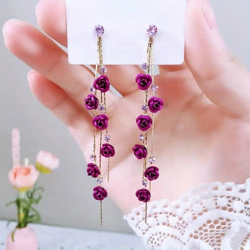 Rose Petal Drop Earrings – Blue White Tassel Dangle for Women Dangle Drop Earrings Babs Purple
