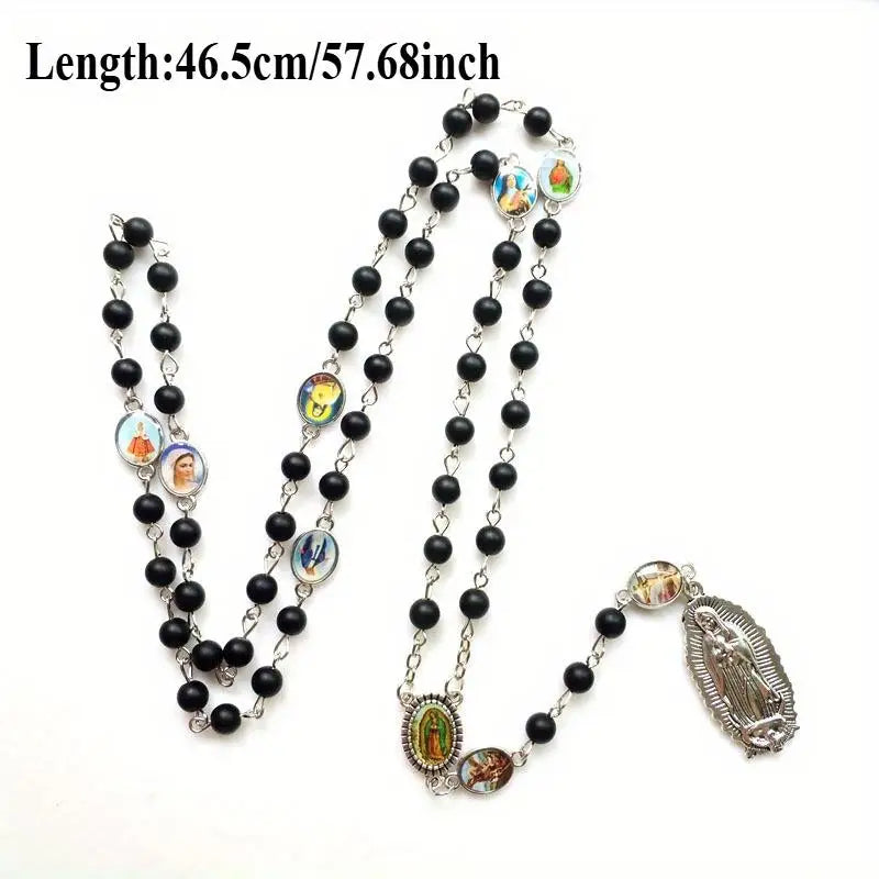 Black Crystal Rosary Necklace – Long Cross Pendant, Unisex Rosary Necklace Babs
