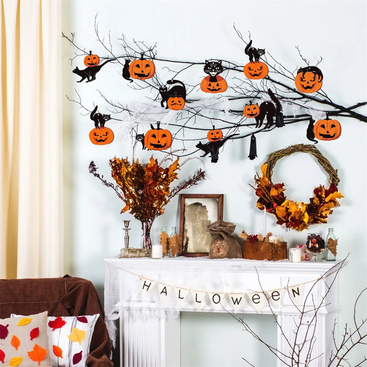 Wooden Halloween Ornaments – Pumpkin & Black Cat Hanging Set Halloween Ornament Set Babs