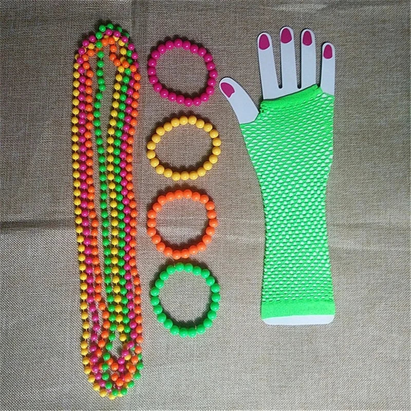 Neon Bead Necklace Bracelet & Fishnet Gloves – 80s Party Set Costume Accessory Set Babs 4