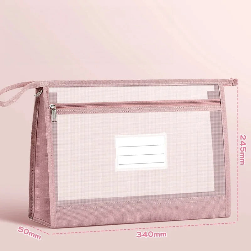 A4 Transparent Mesh Zipper File Bag – Large Document Pouch Document File Bag Babs Pink