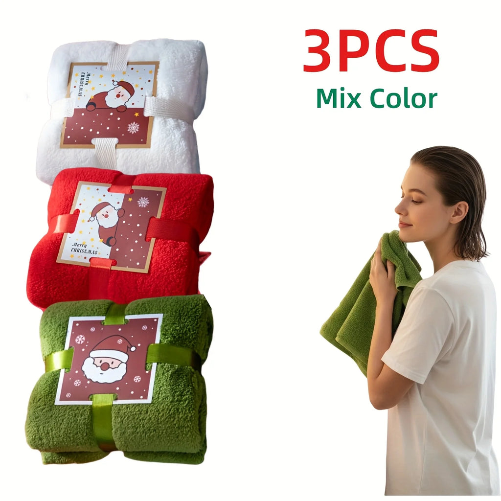 3-Piece Christmas Towel & Face Wash Gift Box | Coral Fleece Towel Gift Set Babs