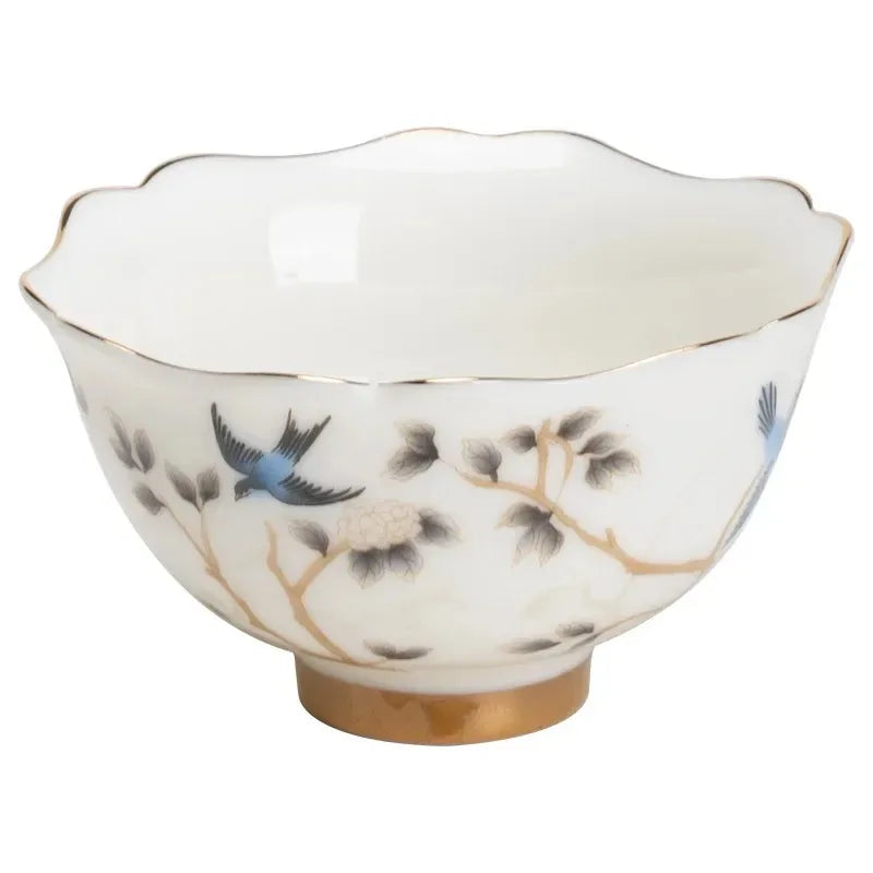 Hand Painted Magpie Blossom Ceramic Tea Cup | Gold Trim Ceramic Tea Cup Babs