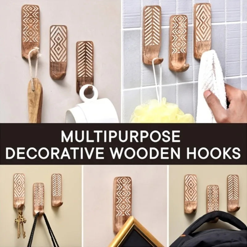 3-Pack Boho Wood Wall Hooks – Adhesive Decorative Hooks Decorative Wall Hooks Babs