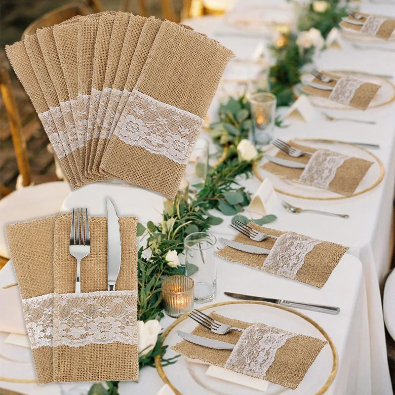 Rustic Burlap Cutlery Holder Bags | Wedding & Party Table Decor Cutlery Holder Bags Babs