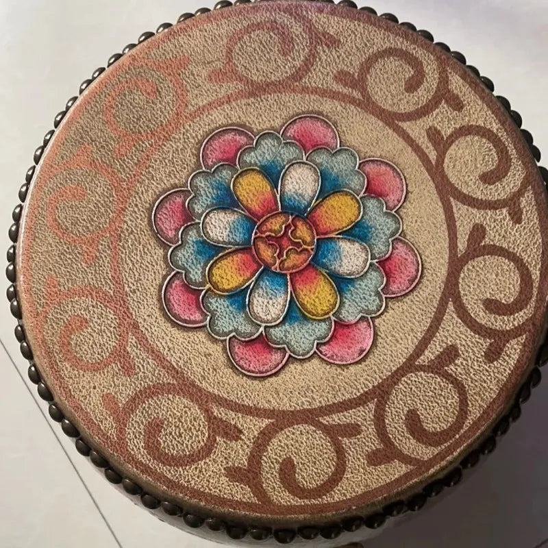 Retro Wooden Drum Stool | Genuine Leather Round Ottoman Decorative Ottoman Stool Babs