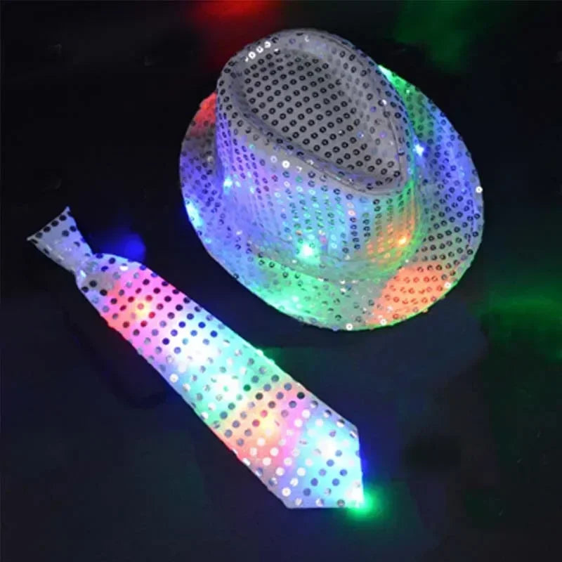 LED Light Up Sequin Jazz Hat & Tie Set | Party Costume LED Party Costume Set Babs