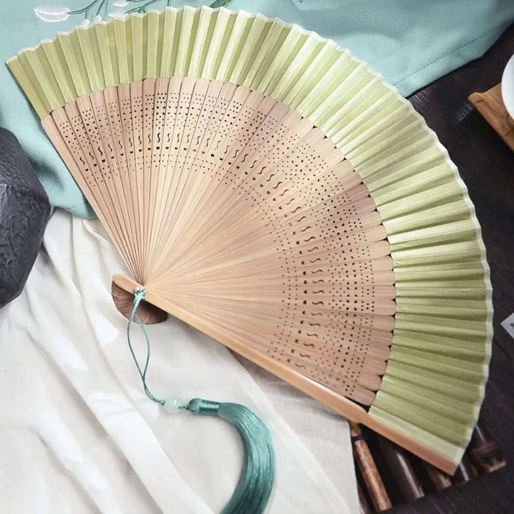 Bamboo Folding Fan | Carved Handle, Batik Cloth & Tassel Gift Decorative Folding Fan Babs