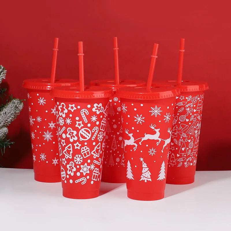 5-Pack 24oz Christmas Plastic Cups with Lids & Straws – Reusable Holiday Drinkware Set Babs