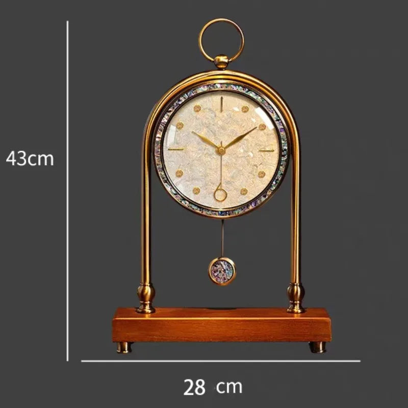 Shell Walnut Pendulum Table Clock – Antique Bronze Luxury Desk Clock Decorative Desk Clock Babs Brown-43X28CM