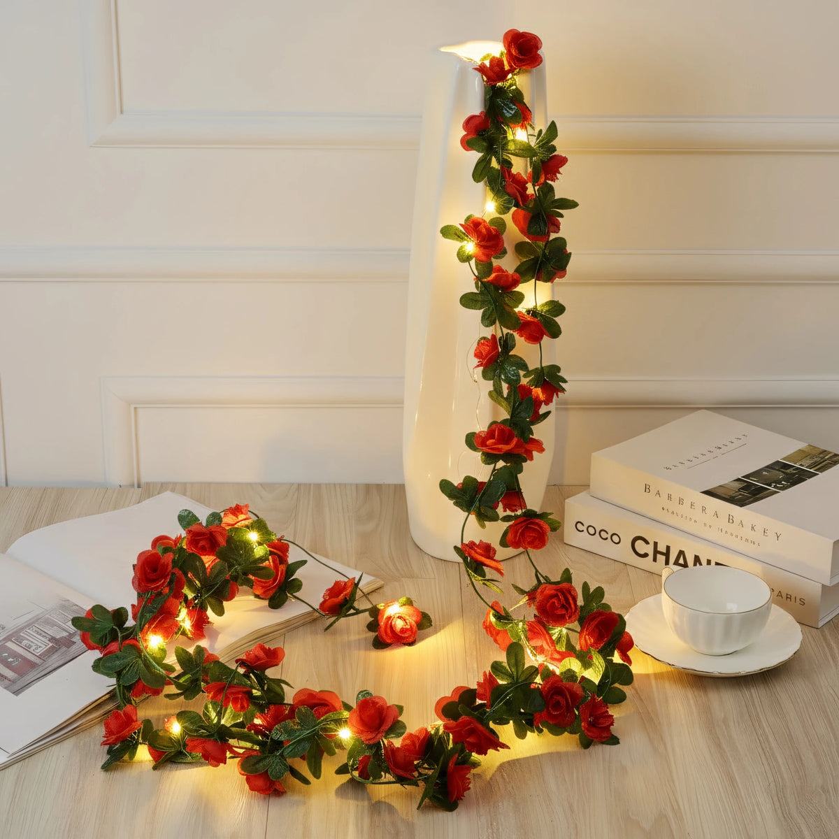 Artificial Rose Vine LED String Lights Hanging Garland Decor Floral LED Garland Babs Spring Red Button Battery