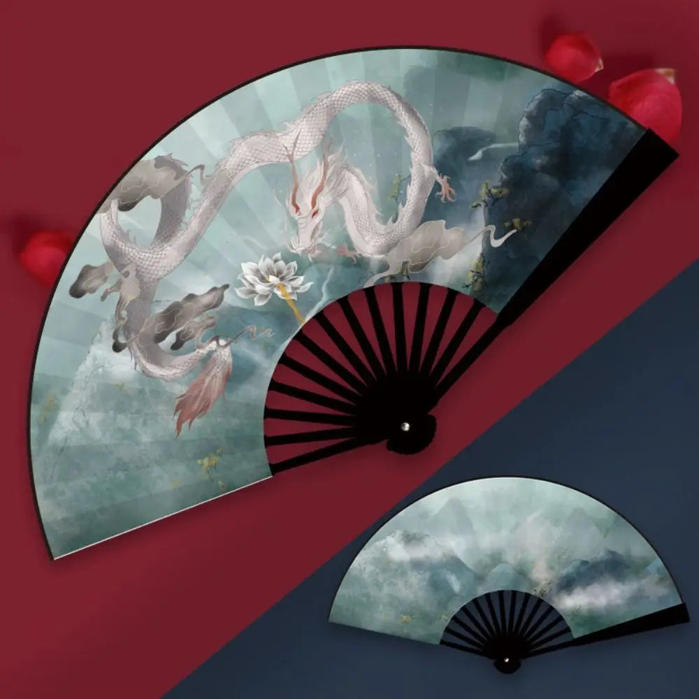 Oriental Mythology Taffeta Folding Fan – Vintage Chinese Style Decorative Folding Fan Babs white dragon