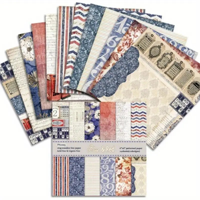 Blue & Red Vintage Scrapbook Paper Pad 6x6" – 24 Cardstock Sheets Scrapbook Paper Pad Babs