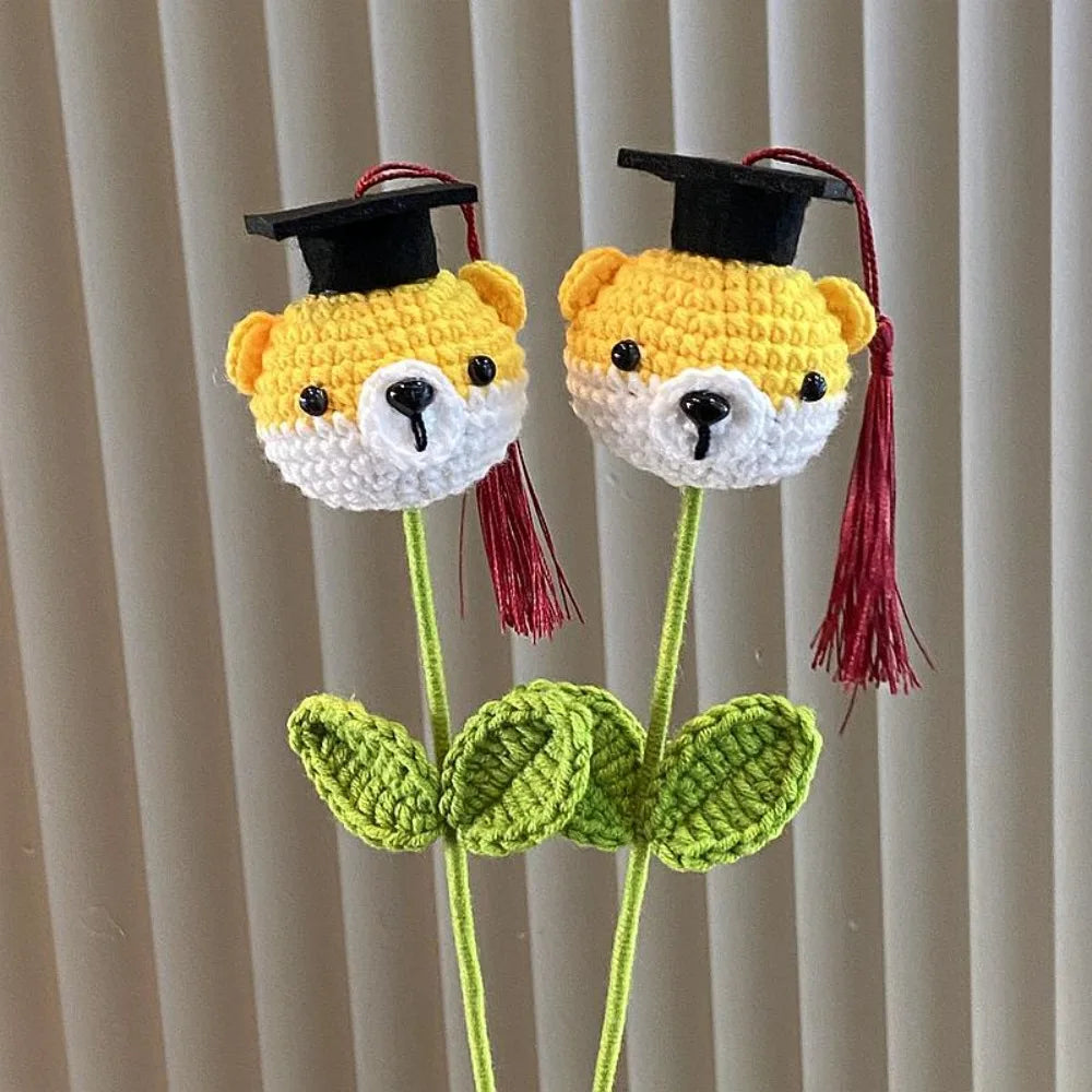 Graduation Knitted Flower Bouquet with Doctoral Hat | Gift & Decor Knitted Flower Bouquet Babs Dog 3PCS