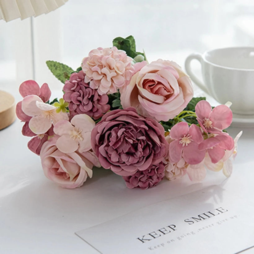 Artificial Silk Peony Rose Hydrangea Bouquet – Wedding Décor Artificial Flower Bouquet Babs Deep Pink 1pc