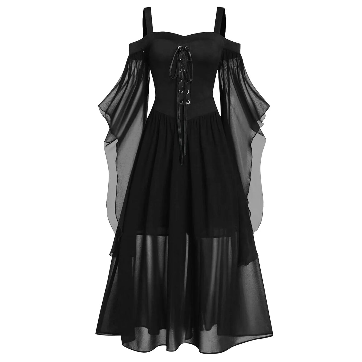 Women's Gothic Witch Costume Dress – Off-Shoulder Butterfly Sleeve Halloween Costume Dress Babs Black L