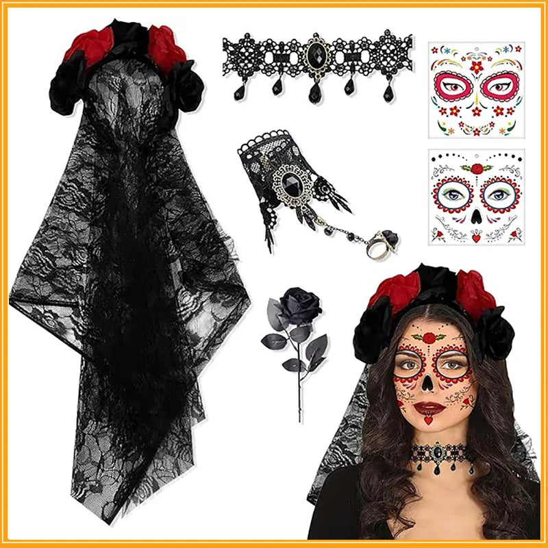 Gothic Dia de los Muertos Lace Rose Necklace & Bracelet Set Costume Jewelry Set Babs Beige 3PCS