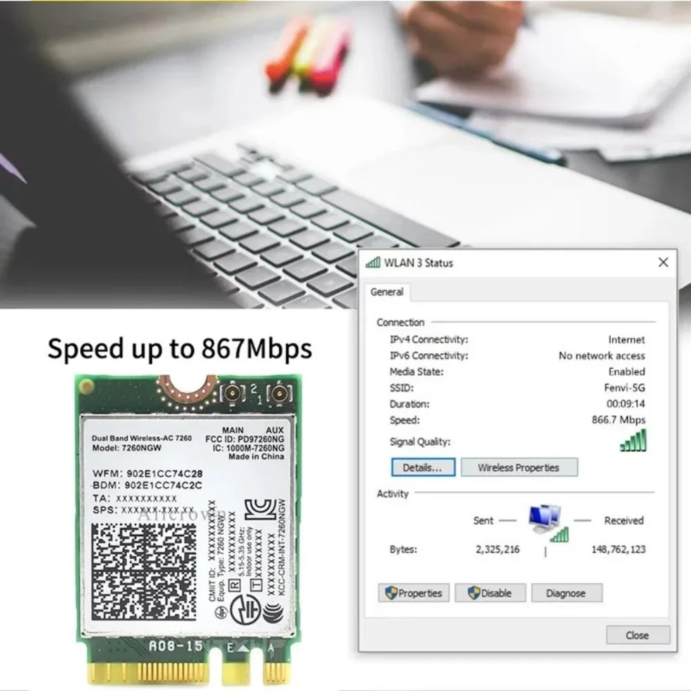 M.2 WiFi Card 7260NGW 1200Mbps Dual Band BT4.0 for Laptop PC Wireless Network Card Babs