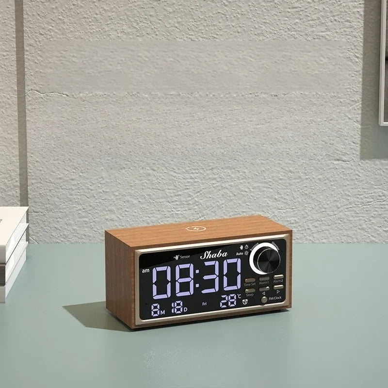 Wooden Digital Desk Clock with Wireless Charging & FM Radio Digital Desk Clock Babs