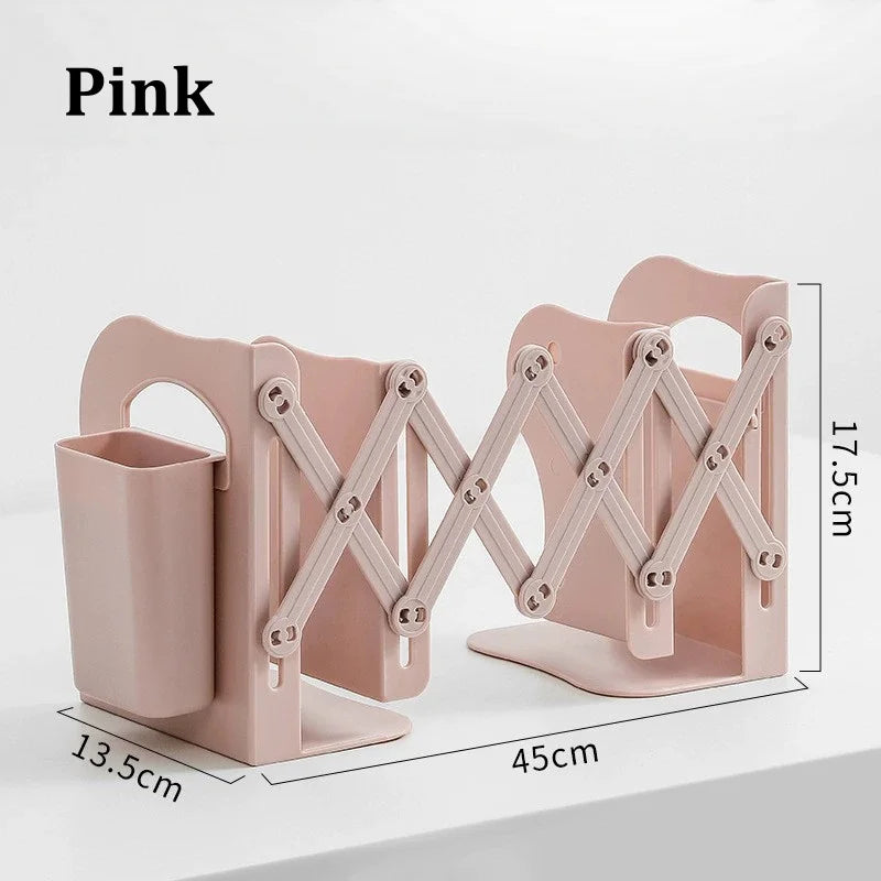 Retractable Bookends with Pen Holder | Foldable Desk Organizer Desktop Book Organizer Babs Pink