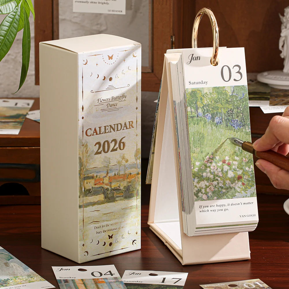 2026 Small Desk Flip Calendar – Vintage Golden Ring Binding Desk Calendar Babs