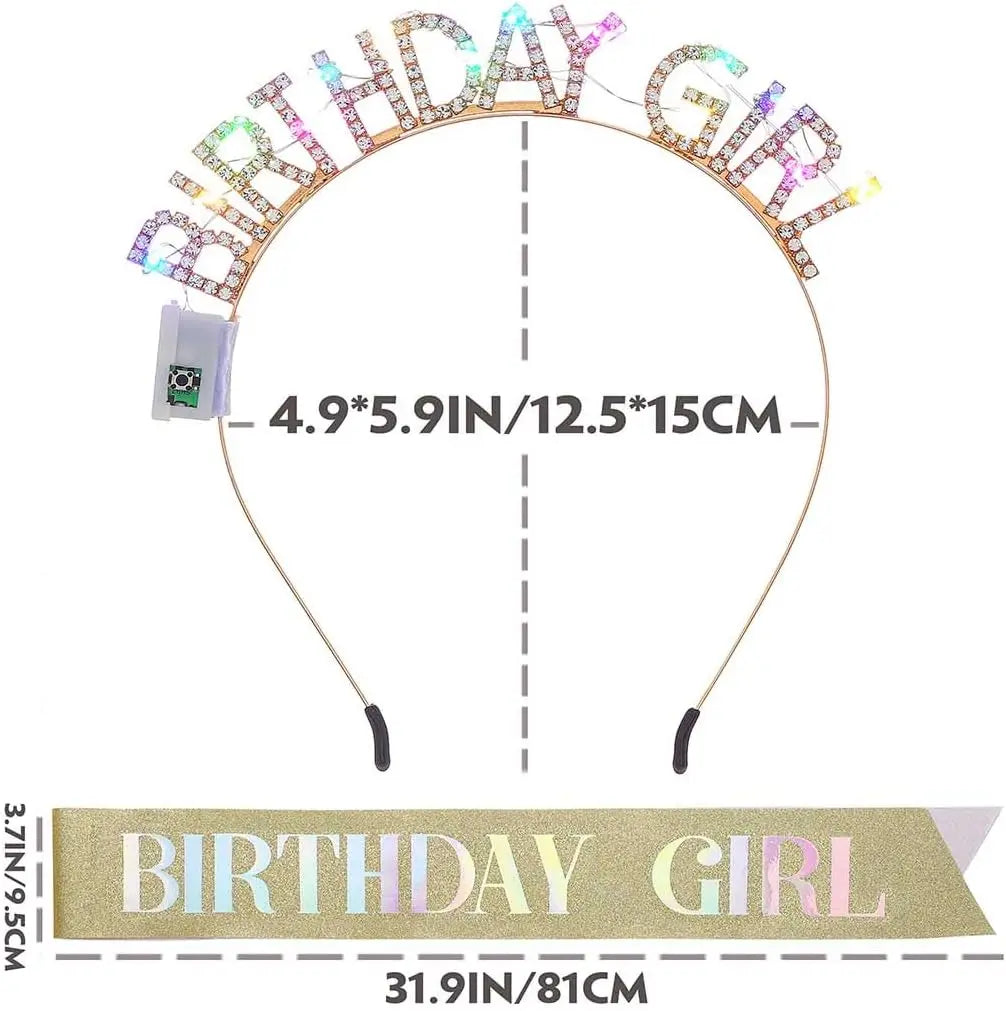 Light Up Birthday Crown & Sash Set – LED Rhinestone Headband Party Crown Sash Set Babs