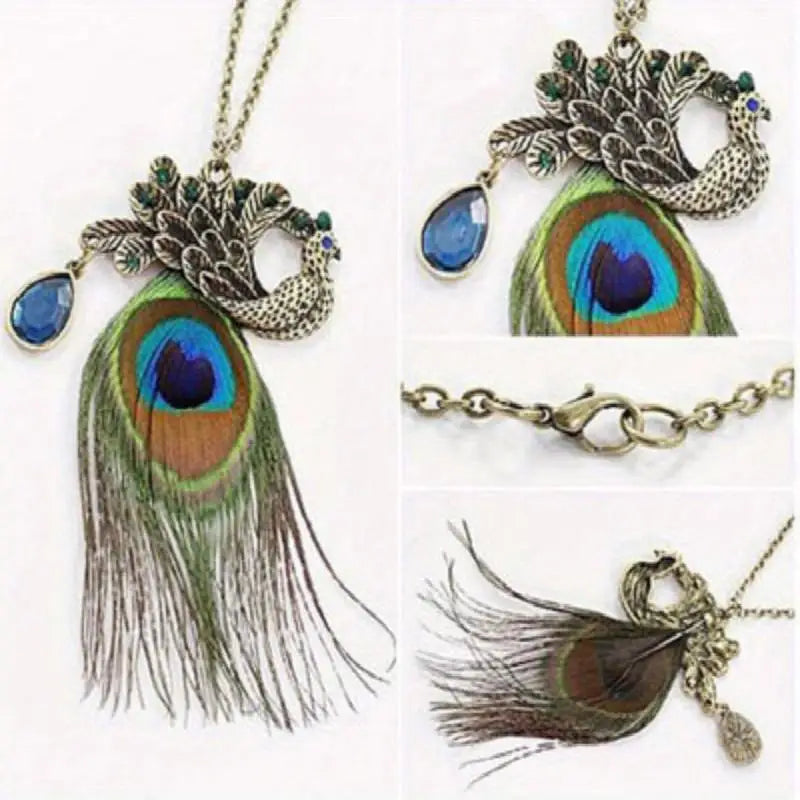 Boho Crystal Peacock Pendant Long Chain Sweater Necklace Pendant Necklace Babs