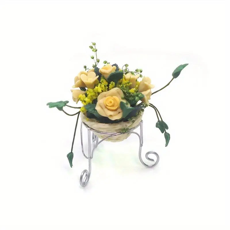 1:12 Miniature Clay Rose Potted Bonsai with Iron Fence Dollhouse Dollhouse Miniature Ornament Babs