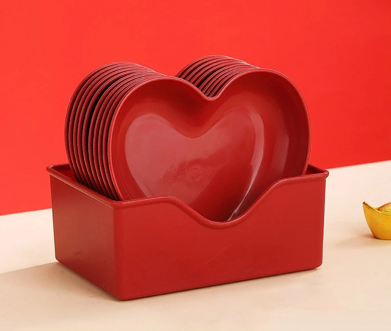 Red Heart Shaped Party Plates – Festive Serving Dish Set Serving Plate Set Babs 10pcs-set