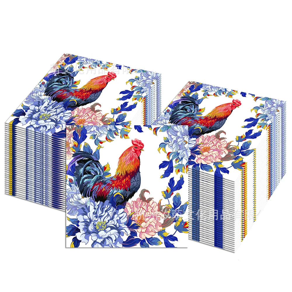 Blue White Rooster Disposable Cocktail Napkins – 20/40/60 Pack Disposable Napkins Babs Rooster 60pcs