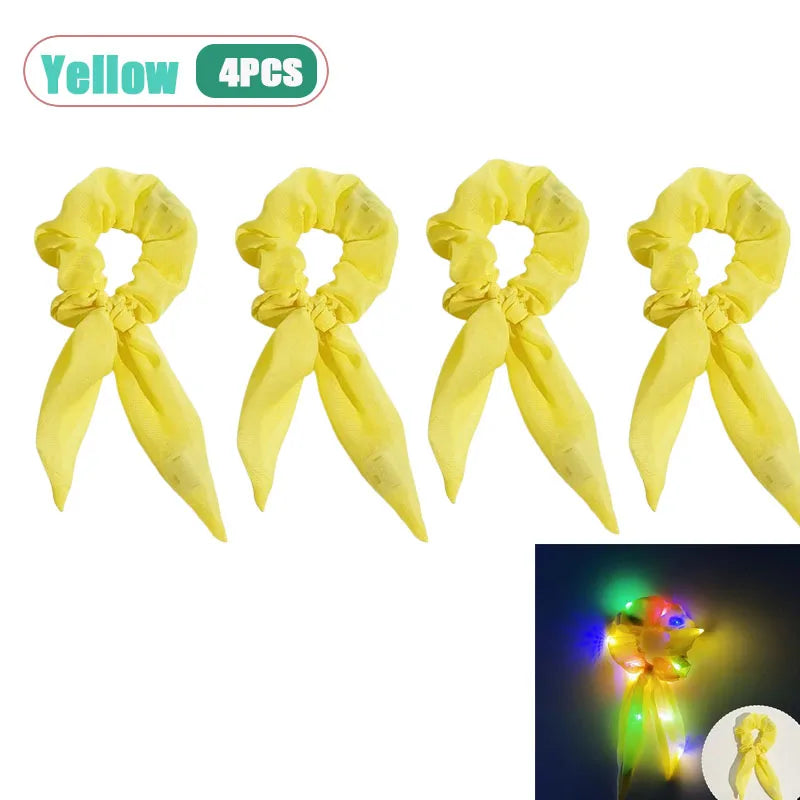 LED Light-Up Bow Scrunchie Glowing Hair Tie | Party Festival LED Hair Accessory Babs Yellow-4pcs
