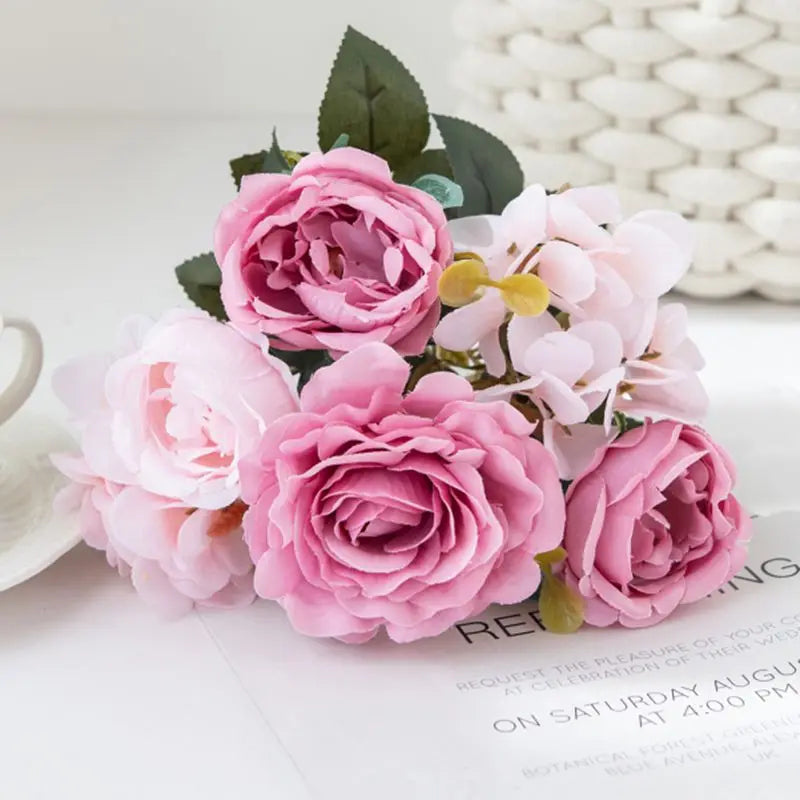 Silk Rose Peony Hydrangea Bouquet – Wedding & Home Decor Artificial Flower Bouquet Babs Rose Red 1pc