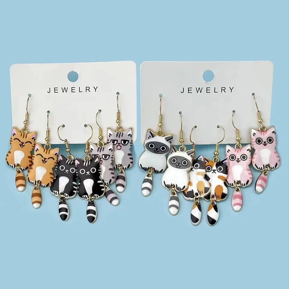 Cute Cat Dangle Earrings Set – 3 Pairs Enamel Gold Alloy Dangle Earrings Set Babs