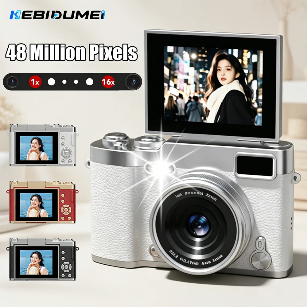 KEBIDUMEI 4K CCD Digital Camera 48MP 16X Zoom 180° Flip Selfie Digital Camera Babs