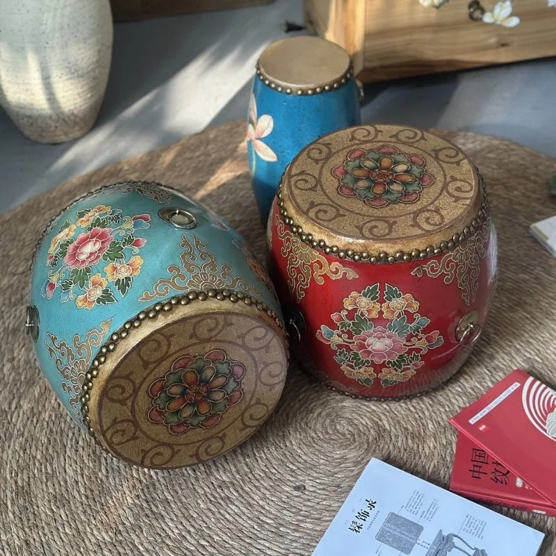Retro Wooden Drum Stool | Genuine Leather Round Ottoman Decorative Ottoman Stool Babs