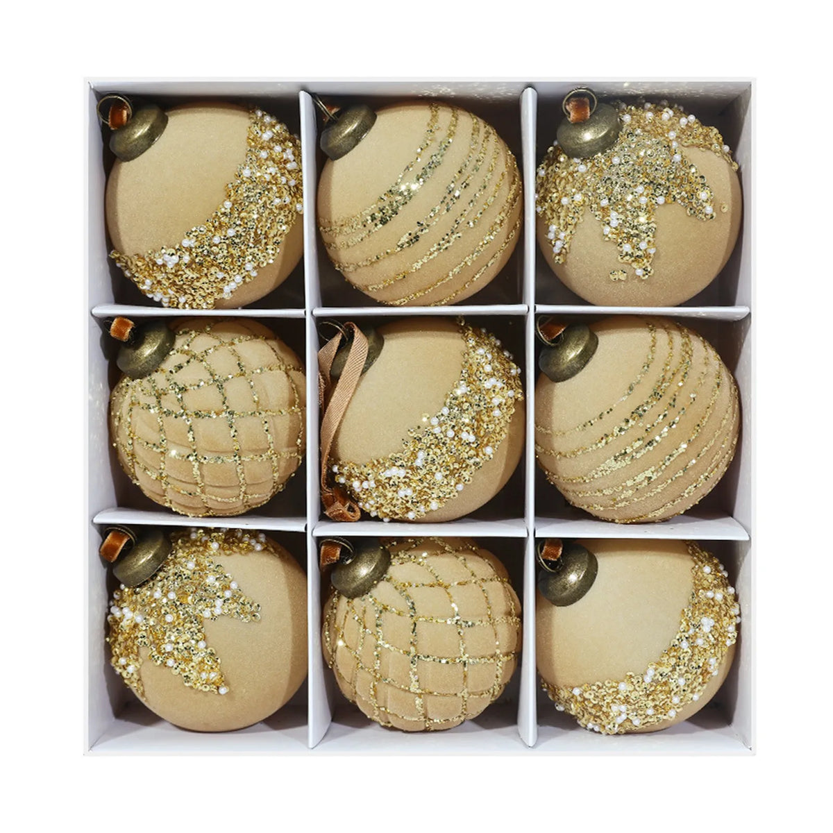 9-Piece Flocked Green Velvet Christmas Ball Ornaments 80MM Set Christmas Ornaments Set Babs 8cm Khaki