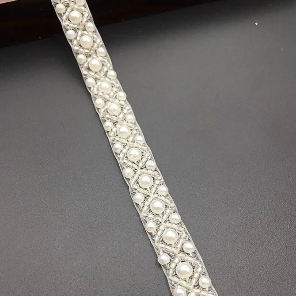 Beaded Pearl Lace Trim Ribbon for Bridal Wedding Dress – 1 Yard Bridal Lace Trim Babs white