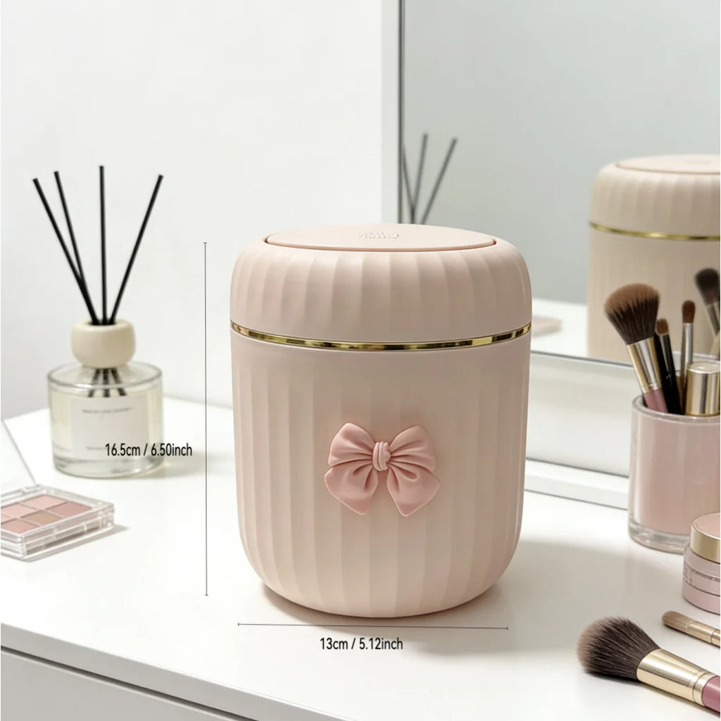 Mini Press-Open Desktop Trash Can with Lid & Bow Decor Desktop Trash Can Babs