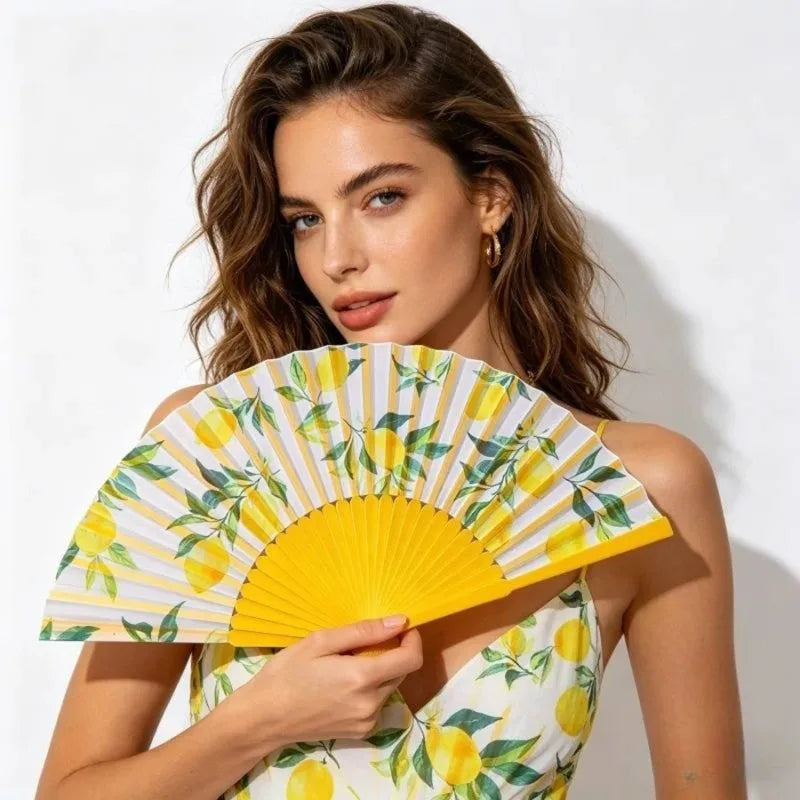Spanish Lemon Folding Fan – Cloth & Bamboo Hand Fan for Women Folding Hand Fan Babs